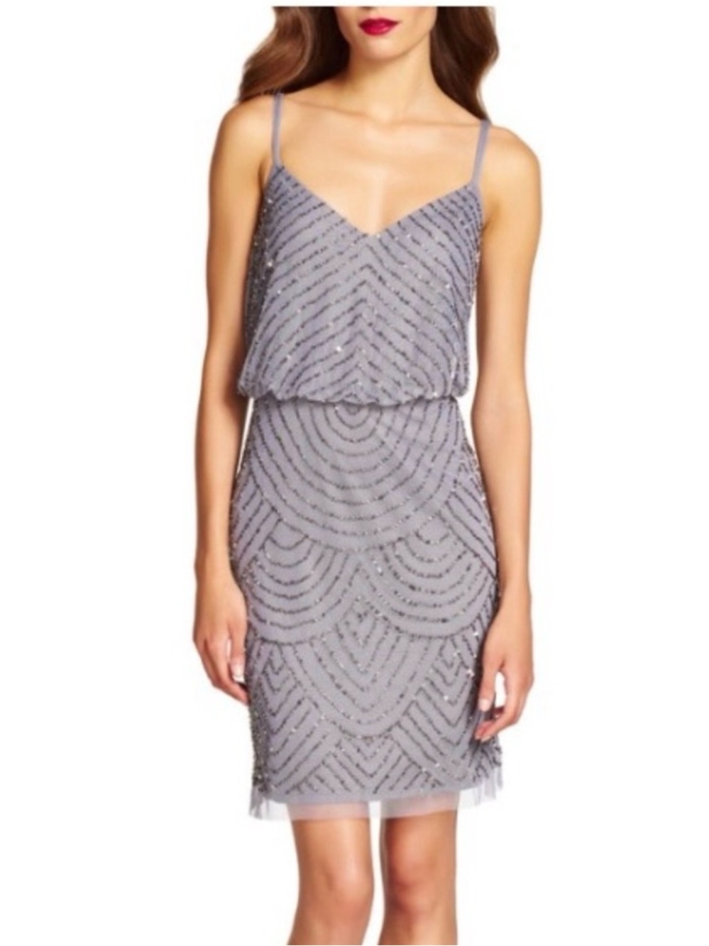 Adrianna Papell Silver Beaded V-Neck Mini Dress
